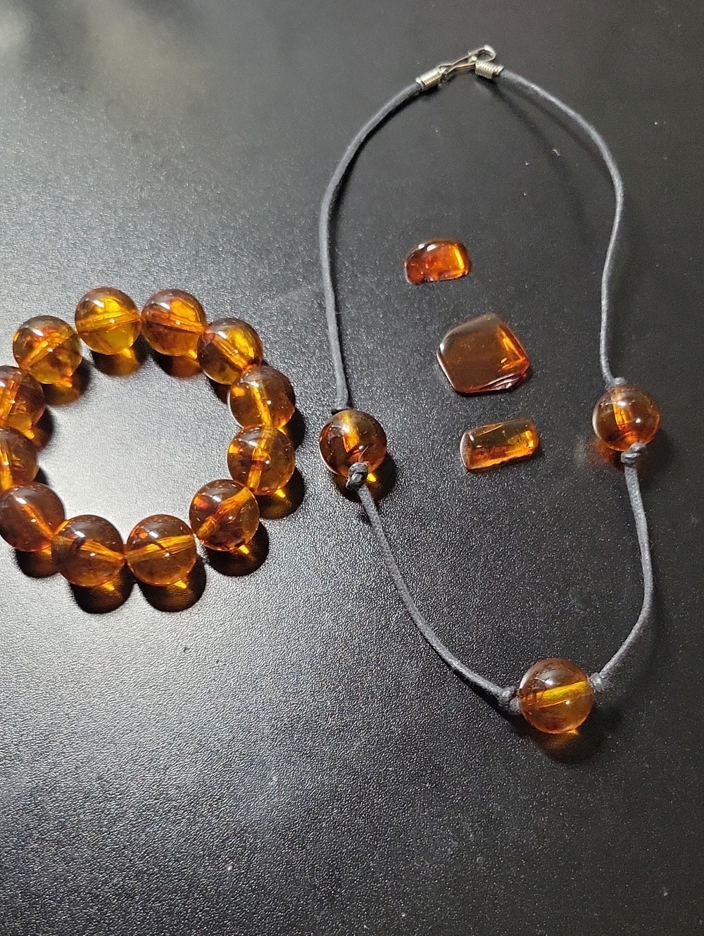 Amber Like Bead Necklace and Bracelet Set - Brown Amber Tone